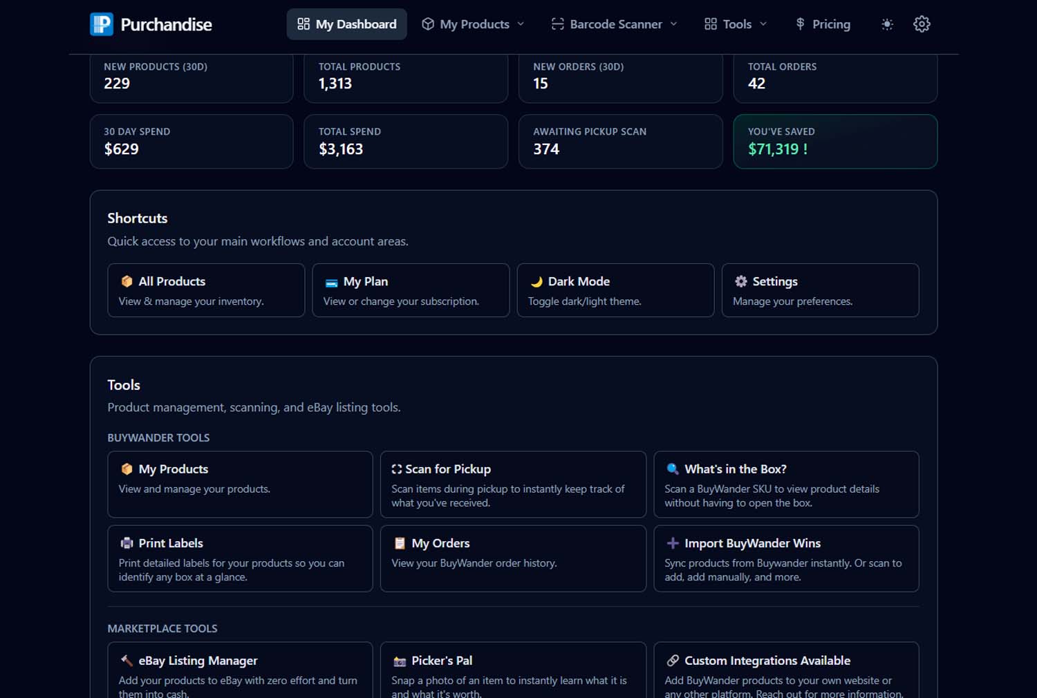 Purchandise dashboard showing 1,313 tracked products, total spend, items awaiting pickup scan, and over $102,000 saved