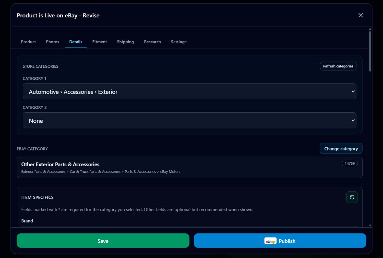 Purchandise eBay listing review step where you can revise the AI-written title, description, and details before publishing