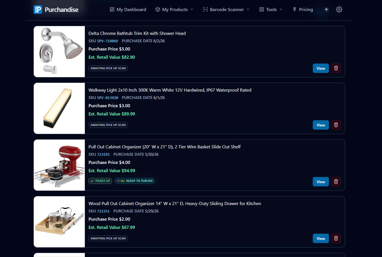 Purchandise inventory list with product photos, SKUs, purchase prices, estimated retail values, and pickup scan status for each item